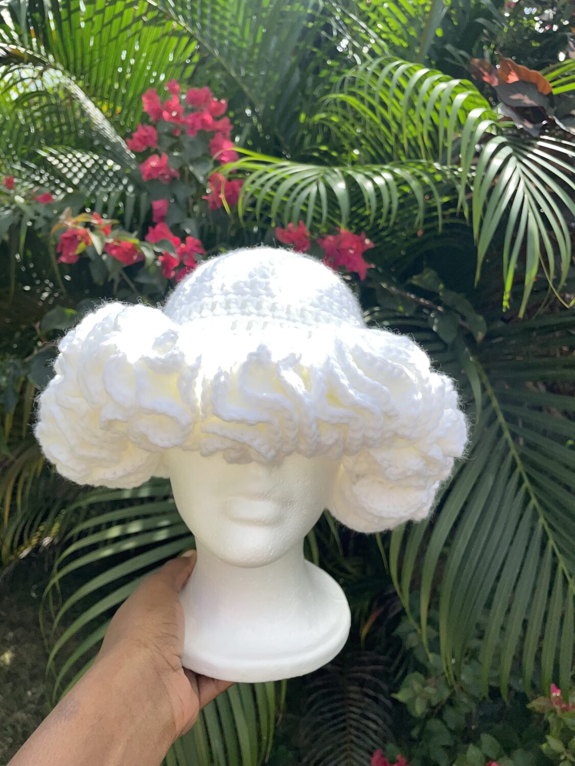 White crochet ruffle hat - Lightweight, stylish, and comfortable headwear for all ages
